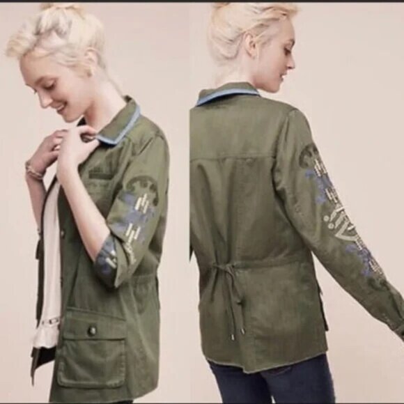 Anthropologie Hei Hei Green Embroidered Anorak Utility Field Jacket Women’s S - Picture 1 of 9